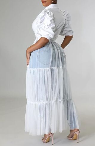 Choichic Women' Button Down Shirts High Waist Short Sleeve Sheer Mesh Patchwork Maxi Dress Long Shirts Tunics with Belt in Saudi Arabia