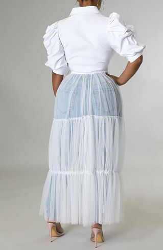 Choichic Women' Button Down Shirts High Waist Short Sleeve Sheer Mesh Patchwork Maxi Dress Long Shirts Tunics with Belt in Saudi Arabia