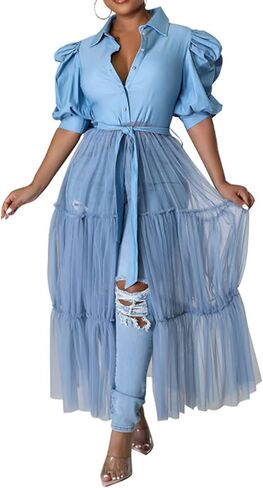 Choichic Women' Button Down Shirts High Waist Short Sleeve Sheer Mesh Patchwork Maxi Dress Long Shirts Tunics with Belt in Kuwait