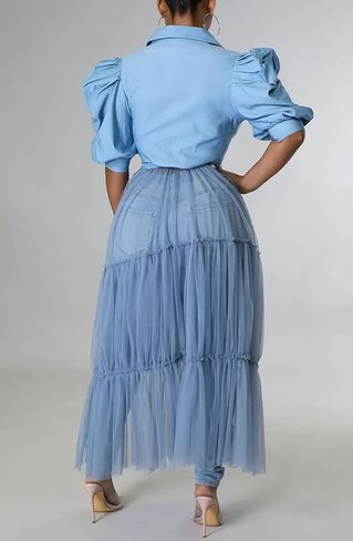 Choichic Women' Button Down Shirts High Waist Short Sleeve Sheer Mesh Patchwork Maxi Dress Long Shirts Tunics with Belt in Kuwait