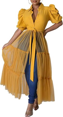 Choichic Women' Button Down Shirts High Waist Short Sleeve Sheer Mesh Patchwork Maxi Dress Long Shirts Tunics with Belt in Saudi Arabia