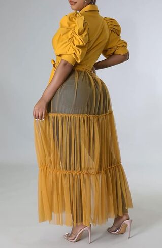 Choichic Women' Button Down Shirts High Waist Short Sleeve Sheer Mesh Patchwork Maxi Dress Long Shirts Tunics with Belt in Saudi Arabia