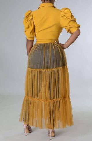 Choichic Women' Button Down Shirts High Waist Short Sleeve Sheer Mesh Patchwork Maxi Dress Long Shirts Tunics with Belt in Saudi Arabia