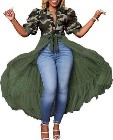 Choichic Women' Button Down Shirts High Waist Short Sleeve Sheer Mesh Patchwork Maxi Dress Long Shirts Tunics with Belt in Saudi Arabia