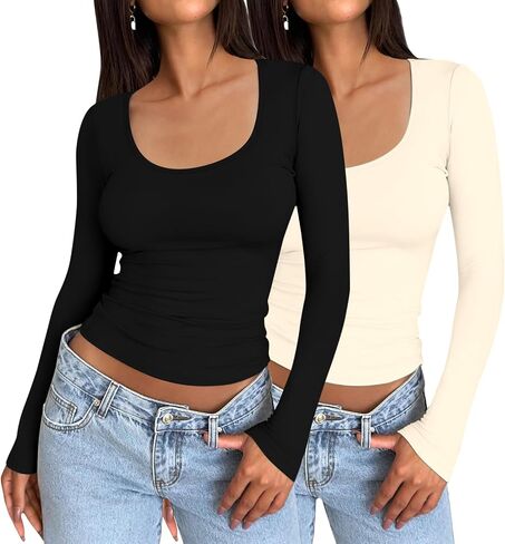 2 Pack Women's Long Sleeve Tops Scoop Neck Slim Fit T Shirt Tunic Tops Basic Shirts Tight Tee Fitted Shirt in Saudi Arabia