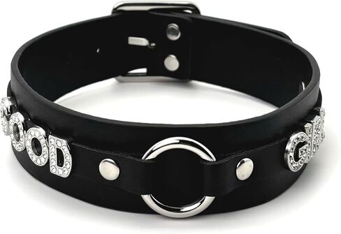 Women's Punk Black O-Ring Leather Choker Necklace, Adjustable PU Leather Leash Collar With Rhinestone Letterrs Gothic Jewelry for Women in Kuwait