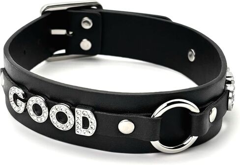 Women's Punk Black O-Ring Leather Choker Necklace, Adjustable PU Leather Leash Collar With Rhinestone Letterrs Gothic Jewelry for Women in Kuwait