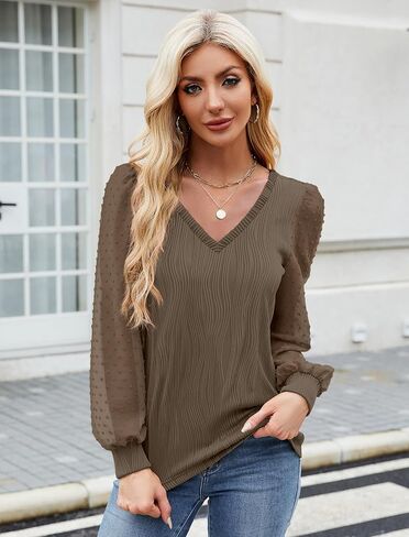 بلوزات نسائية من JUSTFASHIONNOW قمصان كاجوال بأكمام طويلة وياقة على شكل V وأكمام منتفخة، قمصان عمل، قمصان عصرية للعطلات in Kuwait