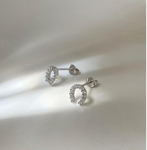 Lucky Horseshoe S925 Sterling Silver Small Stud Earrings for Women Cubic Zirconia Dainty Elegant Good Luck U Shape Hypoallergenic Tiny Mini Cartilage Earring CZ Cute Fashion Jewelry Animal Horse Lover Gifts in Kuwait