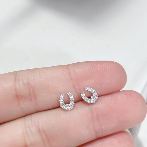 Lucky Horseshoe S925 Sterling Silver Small Stud Earrings for Women Cubic Zirconia Dainty Elegant Good Luck U Shape Hypoallergenic Tiny Mini Cartilage Earring CZ Cute Fashion Jewelry Animal Horse Lover Gifts in Kuwait