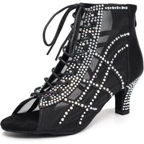 JUODVMP Women's Ballroom Dance Boots Mesh Latin Salsa Shoes,Satin with Rhinestones Heels,L434