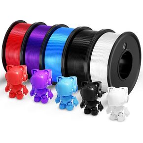 3D Printer Filament PLA - 5 Colours Printing Filament White/Black/Red/Blue/Purple Dimensional Accuracy 1.75mm ±0.02mm Filled Filament Spools Vacuum Pack 250G X 5