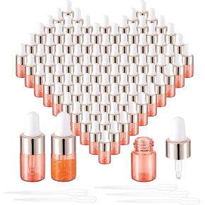 100Pcs 2ml Pink Sample Dropper Bottles Glass Mini Dropper Bottles with White Silicone Tops and 5 Plastic Droppers, Travel Bottles with Dropper for Essential Oils Liquid Makeup and Aromatherapy