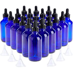 Juvale 30pcs Set, 24 Count 4oz 120ml Blue Glass Dropper Bottles and 6 Funnels for Essential Oils and Perfumes