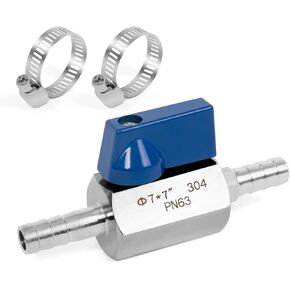 ChillWaves 304 Stainless Steel Mini Ball Valve, Shut Off Switch Ball Valve 1/4" Barb with Hose Clamp for Water、Gas、Fuel、Drip Irrigation and Aquariums(1-PACK)