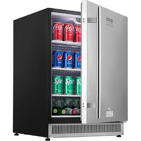 VEVOR Outdoor Refrigerator, 24-inch Undercounter Fridge, 185QT/175 Cans Built-in Beverage Cooler with 304 Stainless Steel Reversible Door, for Home Kitchen Commercial Use, Black