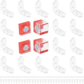 Transparent Corner Braces, 16Pcs Right Angle Acrylic Brackets with 2 Set Acrylic Cabinet Magnetic Catches, Clear L-Shaped Brackets 90 Degree Shelf Corner Brace for Acrylic Display