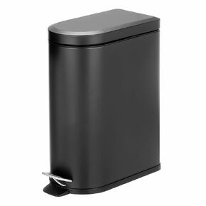 mDesign Small 2.6 Gallon/10 Liter Stainless Steel Metal Step Trash Can Garbage Bin for Bathroom, Bedroom, Home Office, D-Shape Trashcan with Foot Pedal/Lid, Removable Liner Bucket with Handles, Black