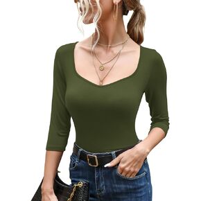 Micoson Women's Basic 3/4 Sleeve Shirts Slim Fit Sexy Sweetheart Neckline Top Stretch Tight Solid Color Tees