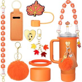 Mity rain 8PCS Cup Accessories for Stanley Cup 30oz 40oz Tumbler with Handle, Including Water Bottle Handle Strap, Chapstick Holder, Boot, Keychain Charms, Straw Topper Cover Cap for Stanley (Orange)