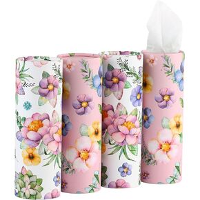 Car Tissues Holder with Facial Tissues - 4 PK - Travel Tissue Tubes Box Container Perfect Fit for Car Cup Holder Car Tissues Cylinder (Pink)