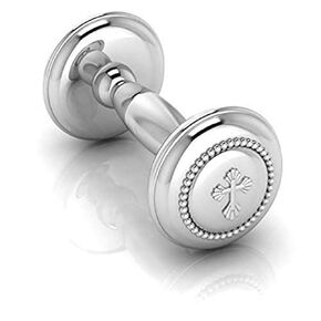 Sterling Silver Beaded Cross Dumbbell Rattle for Newborn Baby Boy and Baby Girl - Non-tarnishing, Durable, and Custom Engravable Gift