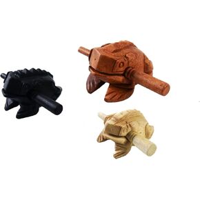 Guiros Percussion Instruments Wooden Frog 3 Piece Set of 4 Inch, 3 Inch, 2.75 Inch, Wooden Frog Musical Instrument (Brown/Black/Natural Color)