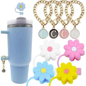 Stanley Cup Accessories, Silicone Straw Cover Cap for Stanley Cup 30 to 40 oz 0.4 inches,with 4 Initial Personalized Letter Charm for Stanley Tumblers 4 Dust-Proof Straw Toppers and 4 Letter L