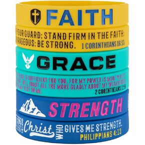 Sainstone 3-Pack Faith Grace Strength, 1 Corinthians 16:13, 2 Corinthians 12:9, Philippians 4:13 Inspirational Bible Verses Silicone Bracelets, Christian Gifts for Religious Party Favors