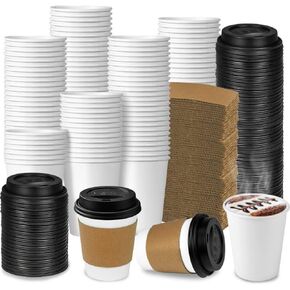 Ginkgo 100-Pack 8 oz Thickened Disposable Coffee Cups with Lids and Sleeves, To Go Cups for Hot Beverages, Perfect for Hot Coffee, Cocoa, and Chocolate