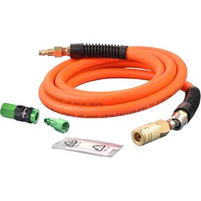 Hybrid Lead-in Air Hose 3/8 In. x 10 ft, Flexible, Air Compressor Hose With Brass Fittings Plug, Strain Reliefs, 1/4" 360° Swivel Reassembled Coupler, Non-Kinking, Orange
