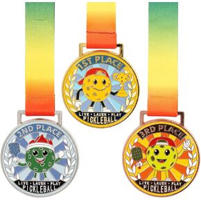 Pickleball Medals Set Gold Silver Bronze 3.1" Wide, Inspirational Tournament Awards Prizes for Pickle Ball Lovers Women & Men, 3 Unique Designs with Ribbon
