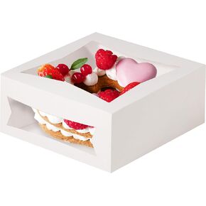 Fit Meal Prep 25 Pack Cake Boxes with Window 8 x 8 x 4 Inches Auto Pop-Up White Bakery Containers for Dessert, Cookies and Pastries, Treat Boxes Gift Packaging Boxes for Valentine's Day, Christmas