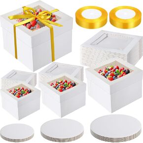 48 Pcs Cake Boxes with Cake Boards 24 Cake Boxes with Window 24 Cake Boards 2 Rolls Silk Ribbon Large Square Baking Boxes in 3 Sizes 12x12x8, 10x10x8, 8x8x8 Inch Disposable Cake Containers