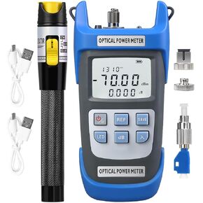 2-Piece kit Rechargeable high-Precision Optical Power Meter A-C710A with Charging Visual Fault Locator VFL 15KM Fiber Optic Cable Tester SC/FC/ST Interface Adapter and 1 Additional FC-LC Adapter