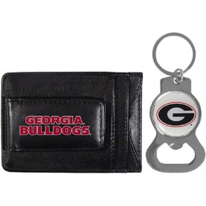 Siskiyou School Logo Leather Card/Cash Holder and Bottle Opener Keychain Bundle, Game Day Fan Accessories (Georgia Bulldogs - Black)