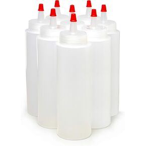 Bastex 8-ounce Plastic Squeeze Bottles Pack of 8. Clear Bottles with Yorker Red Caps. Perfect for Arts and Crafts Food Glue Paint or any DIY Liquids. Multiple Purpose Refillable, Reusable Containers.