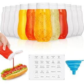 Goaste 12 Pack Condiment Squeeze Bottles, 12 oz Plastic Squirt Bottles with Flip Top Cap, Reusable Empty Sauce Containers with Labels & Silicone Funnels for Ketchup, Mustard, Syrup, Salad Dressings