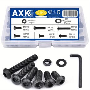 AXK 225PCS M6 x 12/14/16/20/25/30mm Button Head Hex Socket Cap Screws Bolts Nuts Washer Assortment Kit 10.9 Grade Alloy Steel Black