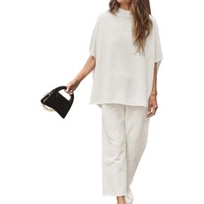 Women's Two Piece Outfits 3/4 Batwing Sleeve Capelet Crew Neck Pullover Top Wide Leg Pants Lounge Set
