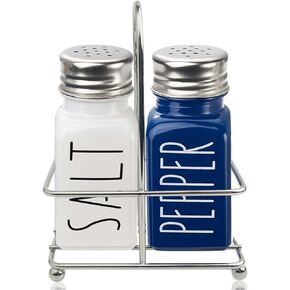 Glass Salt and Pepper Shakers Set, Navy Blue Salt And Pepper Shakers With Stainless Steel Lid, Farmhouse Decor for Kitchen, Kitchen Gadgets for Thanksgiving No Rubbing Off(WHITE & BLUE)