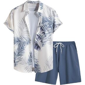 SweatyRocks Men's 2 Piece Outfits Tropical Print Short Sleeve Button Down Shirt and Shorts Set