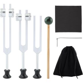 3 Pack Tuning Forks Set for Healing (128hz, 256hz, 512hz) with Reflex Hammer, Chakra Tuning Fork Set, Frequency Healing Instruments for Yoga, Sound Therapy, Meditation