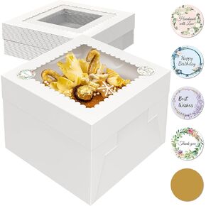 15 Pcs Cake Boxes, 10x10x8 Inches Tall Cake Boxes with Window, White Square Cheesecake Bakery Boxes, Large Cardboard Cake Baking Boxes with 90 Stickers for Cakes, Pies, Wedding, Birthday Party