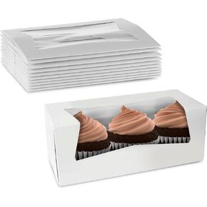 MT Products White Cupcake Boxes 9" x 4" x 3.5" - Auto Pop-Up Bakery Boxes with Window (Pack of 25) - Made in the USA