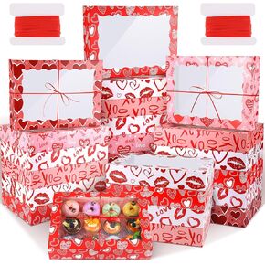 30 Pack Valentines Day Cookie Treat Boxes 14 x 10 x 2.5 Inches Valentine Bakery Box with Window Ribbon Heart Gift Boxes Candy Cupcake Containers for Wedding Valentine Doughnut Holiday Pastries (30)