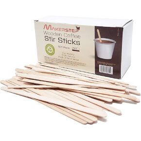 Makerstep 500 Wooden Coffee Stirrers 5.5 Inch with Storage Box, Sturdy Natural Birch Wood Coffee Stir Sticks. Eco-friendly, Splinter Free, Round Ends. BPA Free Swizzle Drinks Sticks