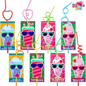 JOYIN 32 Pack Valentines Day Straws with Cards, Colorful Crazy Reusable Drinking Straws for kids, Classroom Exchange Prizes, Valentine Party Favors Gifts