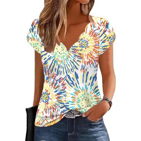 ETCYY Womens Tops Petal Short Sleeve Shirts Spring 2025 Fashion Summer Casual V Neck T Shirt Floral Solid Blouse Tunics