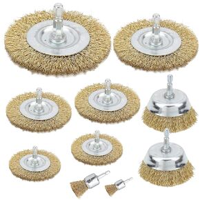 10 Pcs Wire Wheel Cup Brush Drill Set, Brass Coated Wire Brush Drill Attachment with 1/4-Inch Hex Shank Metal Brush Kit for Rust Removal, Polishing and Abrasive